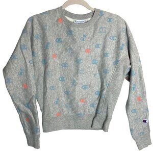 Champion Reverse Weave All Over Logo Graphic Sweatshirt Gray Womens XS Excellent